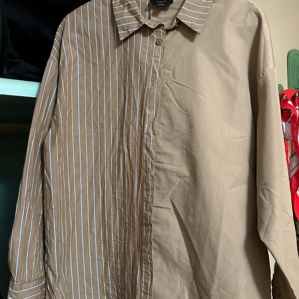Womens Tan Striped button up